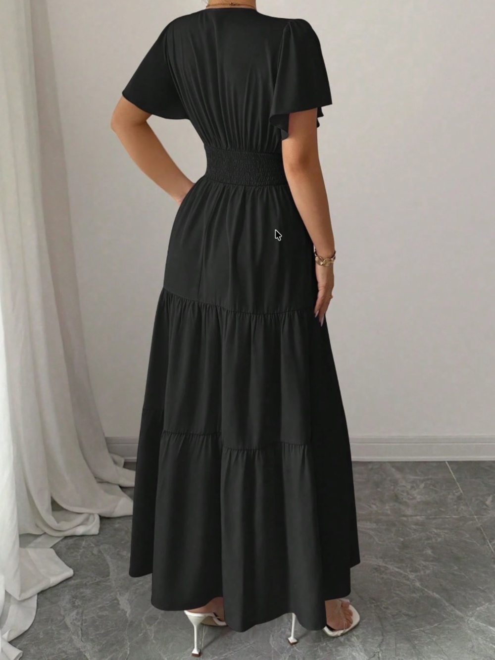 Classic V neck Solid Flounce Sleeve High Waisted Maxi Dress - Picture 13 of 13